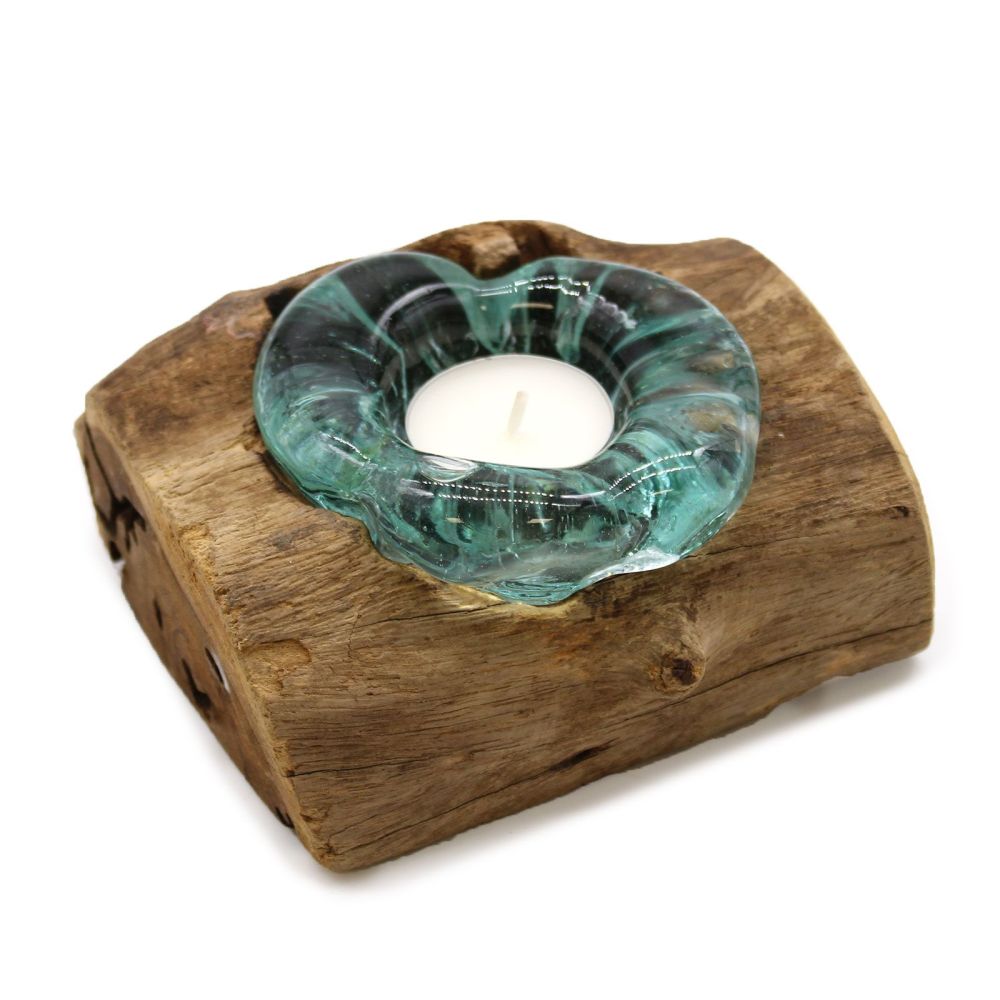Glas on Wood - Kerzen-, Teelichthalter aus Glas - auf nachhaltigem Gamalholz