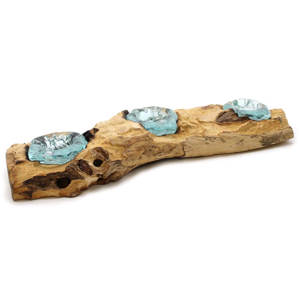 Glas on Wood - flacher Dreifach-Teelichthalter - Unikat für stimmungsvolle Deko