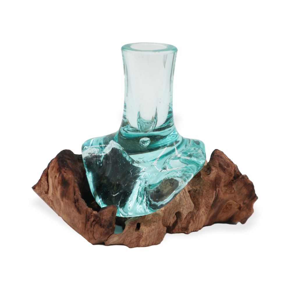 Exklusive Glas-Deko Vase – Glas auf Naturholz, kleine handgefertigte Blumenvase