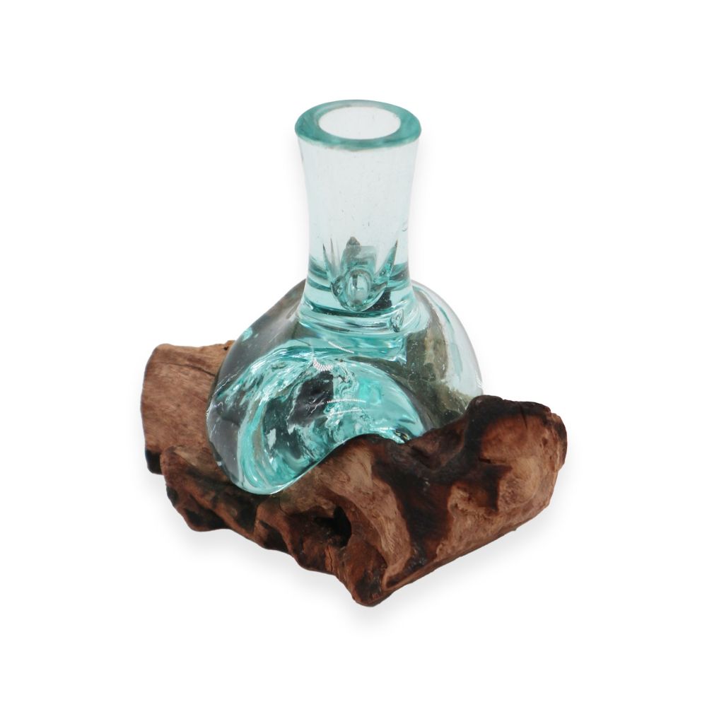 Exklusive Glas-Deko Vase – Glas auf Naturholz, kleine handgefertigte Blumenvase