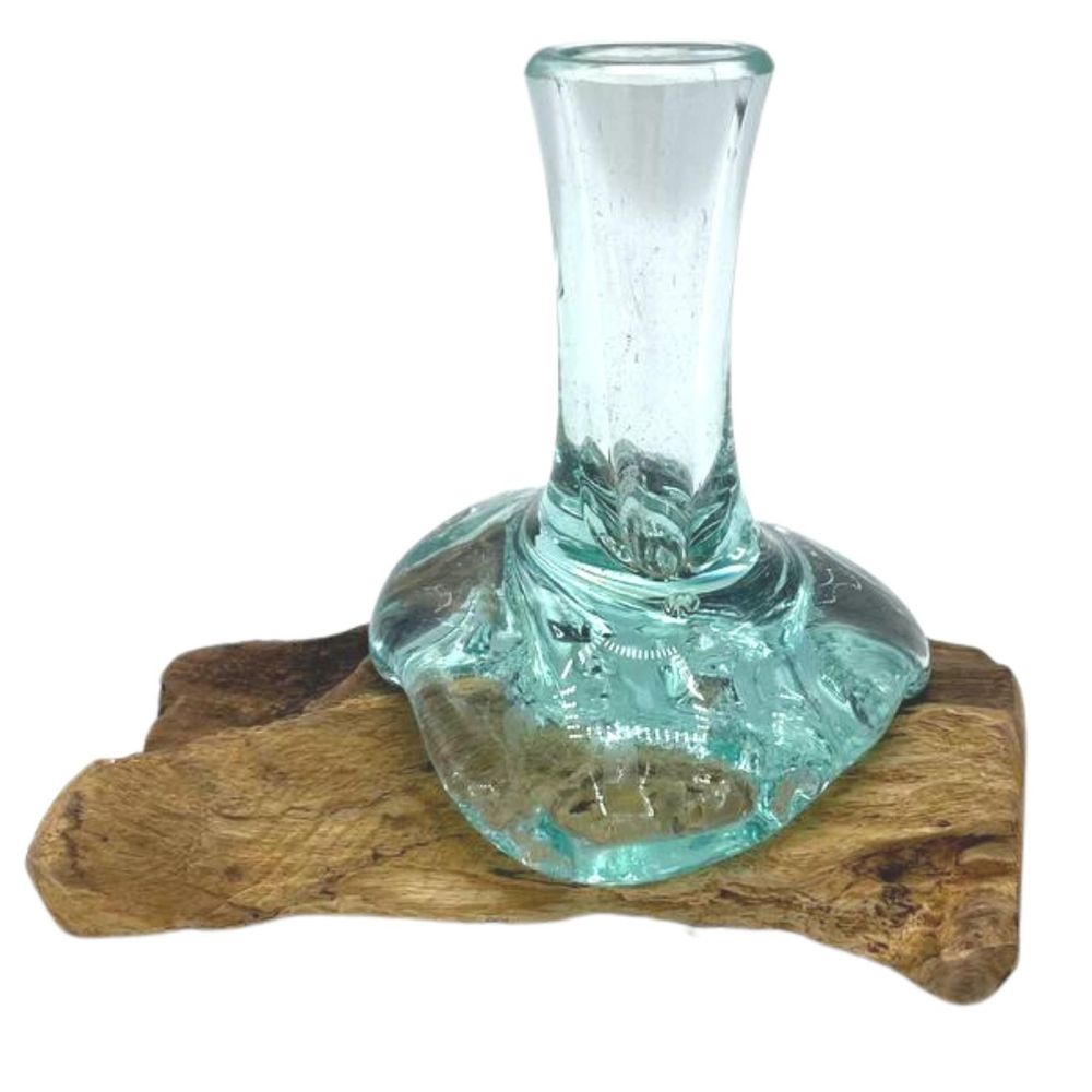 Exklusive Glas-Deko Vase – Glas auf Naturholz, kleine handgefertigte Blumenvase