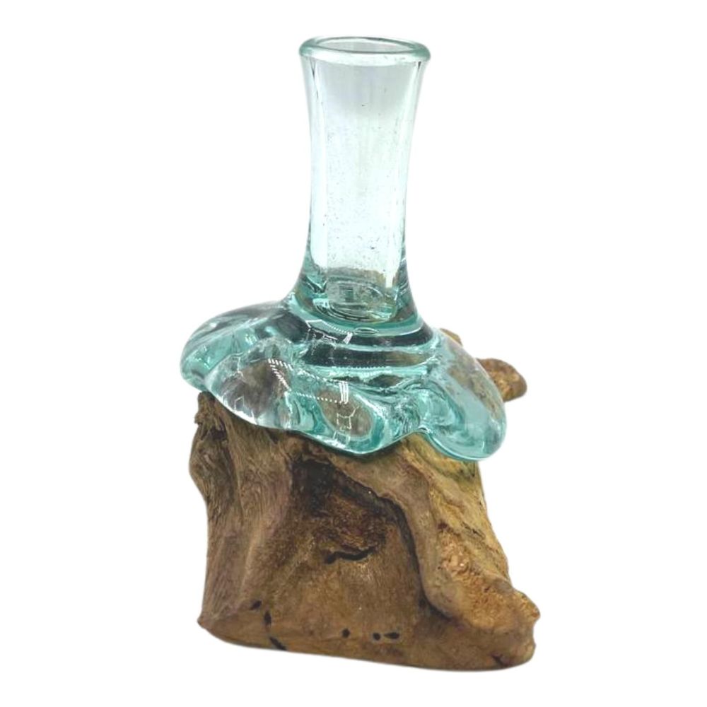Exklusive Glas-Deko Vase – Glas auf Naturholz, kleine handgefertigte Blumenvase
