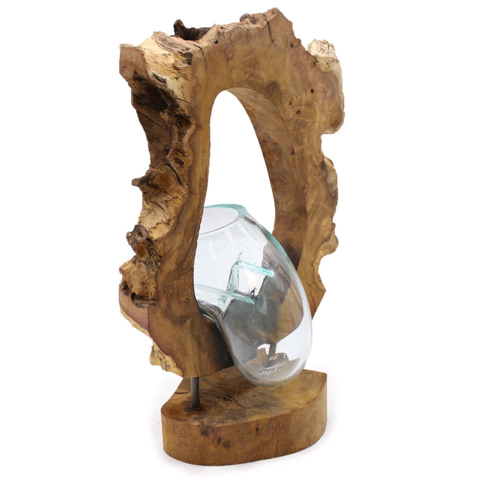 Glas on Wood - Dekorative Handarbeit - Exklusive Glas-Vase auf Holzsockel - Bali
