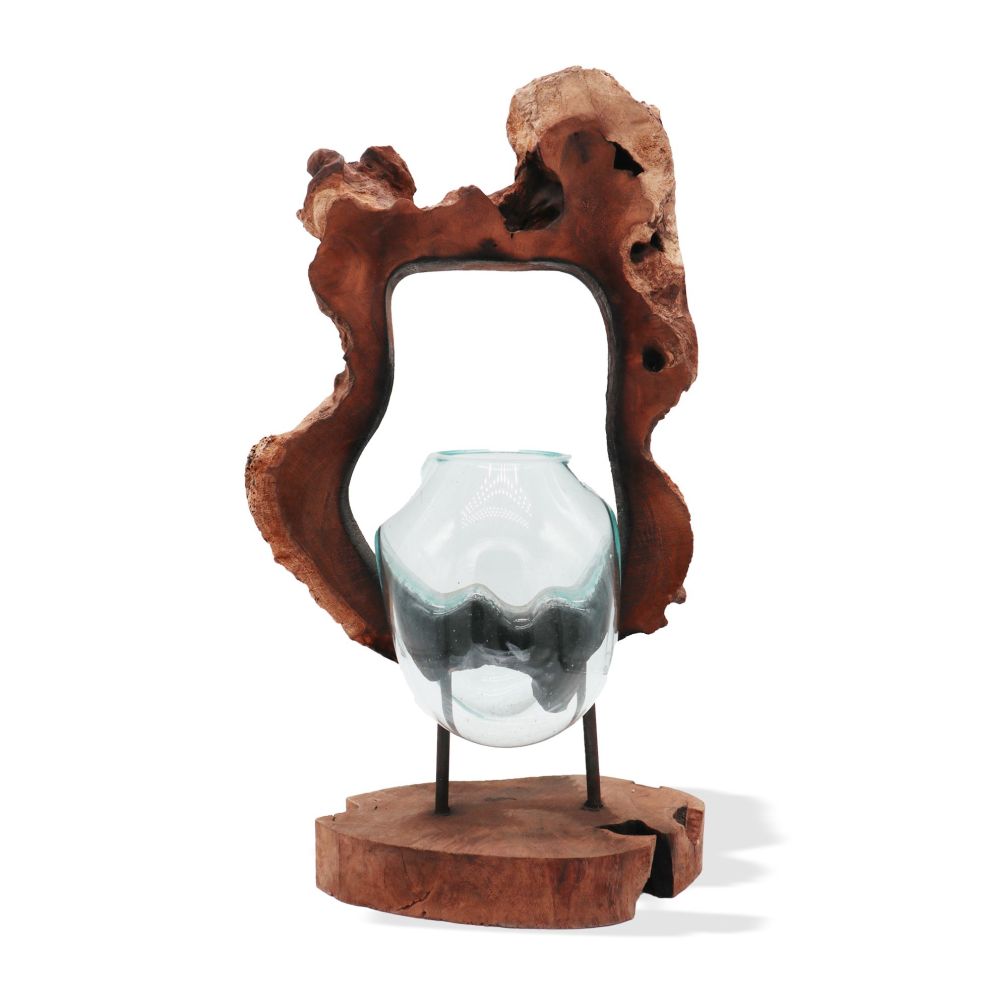 Glas on Wood - Dekorative Handarbeit - Exklusive Glas-Vase auf Holzsockel - Bali