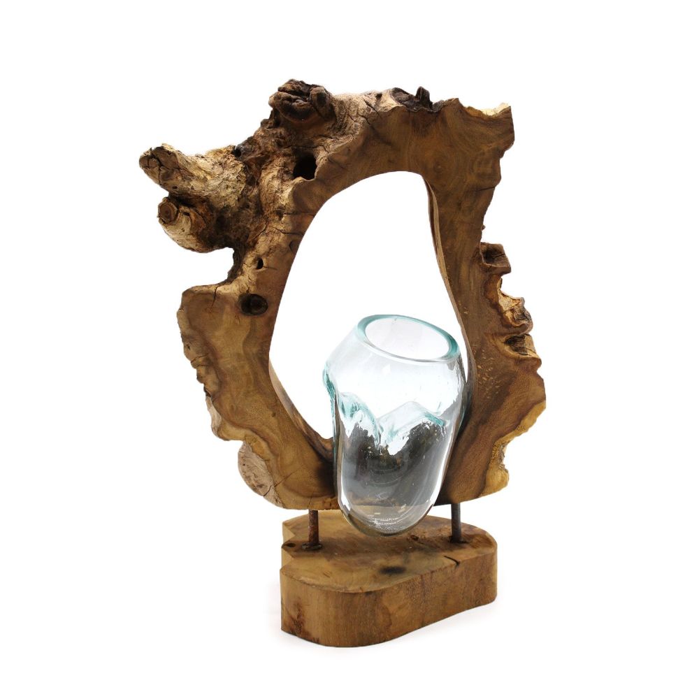 Glas on Wood - Dekorative Handarbeit - Exklusive Glas-Vase auf Holzsockel - Bali