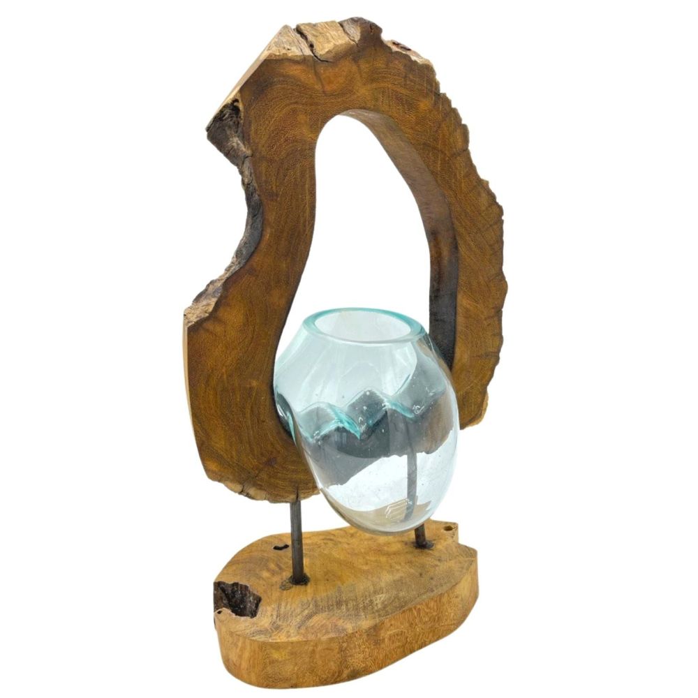 Glas on Wood - Dekorative Handarbeit - Exklusive Glas-Vase auf Holzsockel - Bali