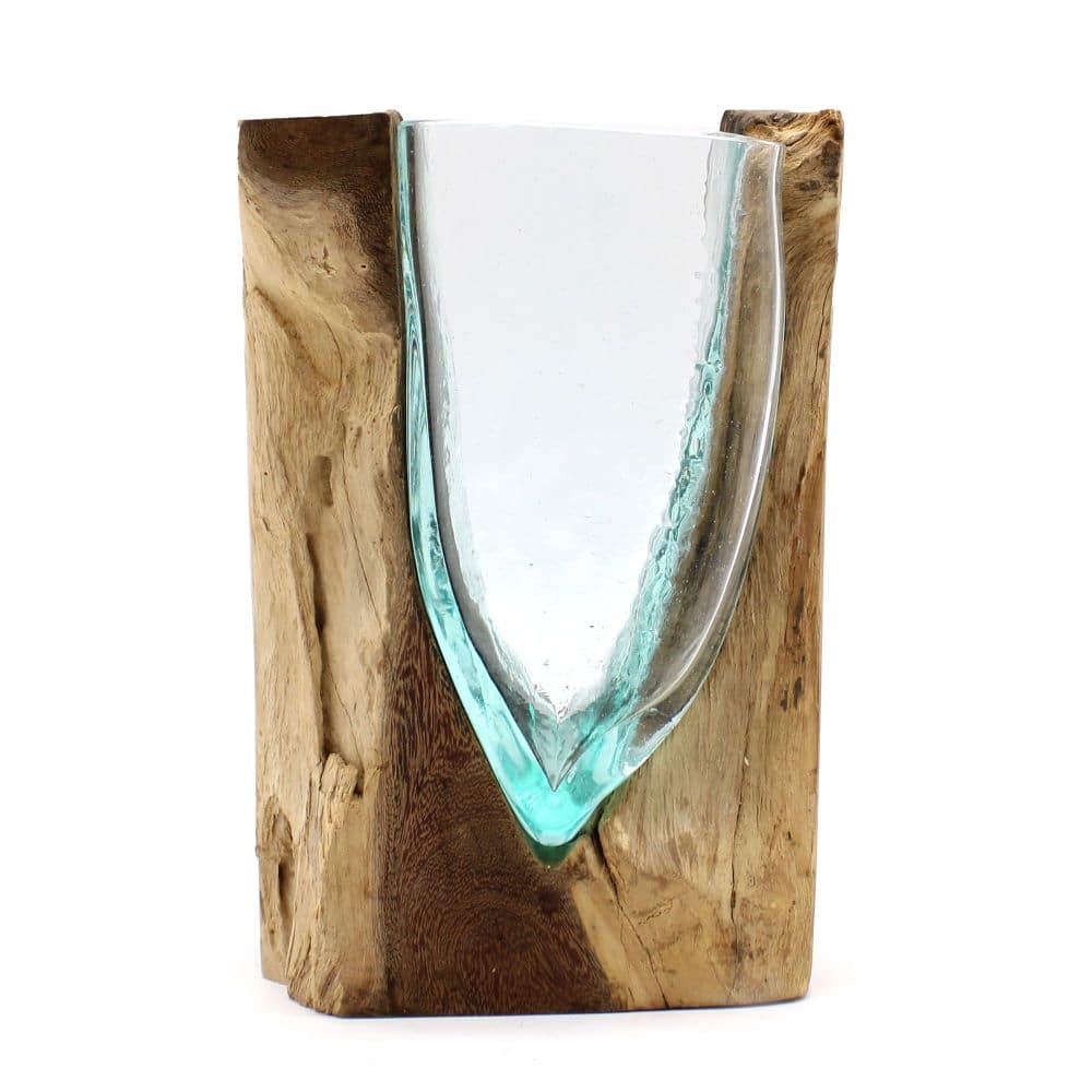 Glas on Wood - Kunstvolle V-förmige Glas-Vase auf Gamalholz - gefertigt auf Bali