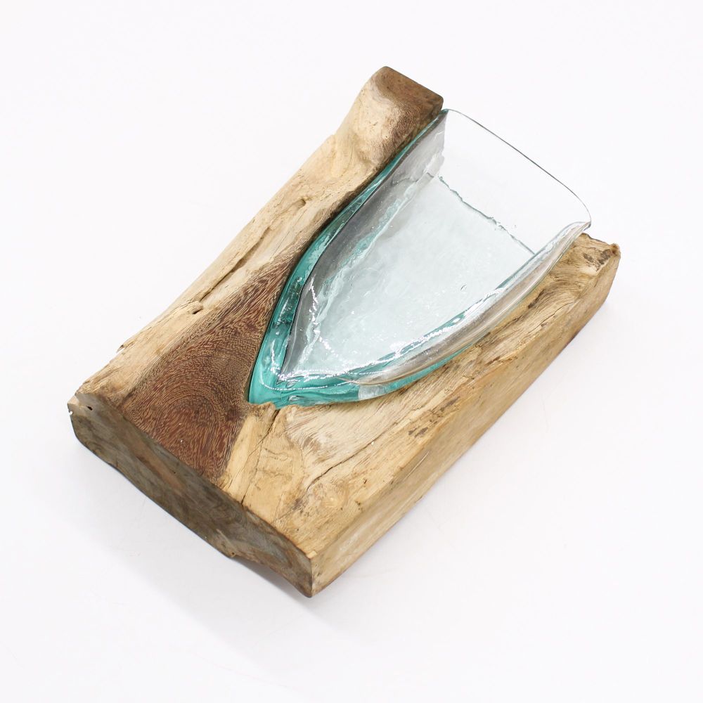 Glas on Wood - Kunstvolle V-förmige Glas-Vase auf Gamalholz - gefertigt auf Bali