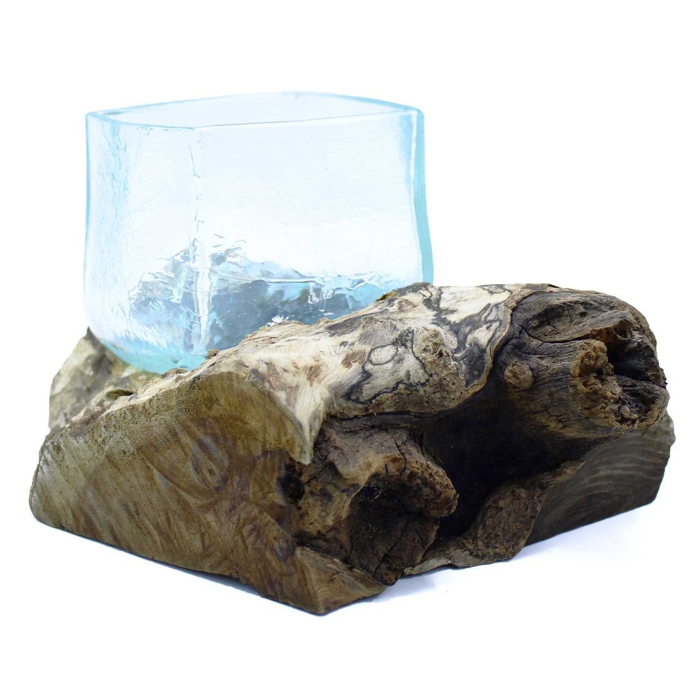 Exklusive Glas-Deko – Crackled Glas-Schale auf Naturholz, Handarbeit von Bali