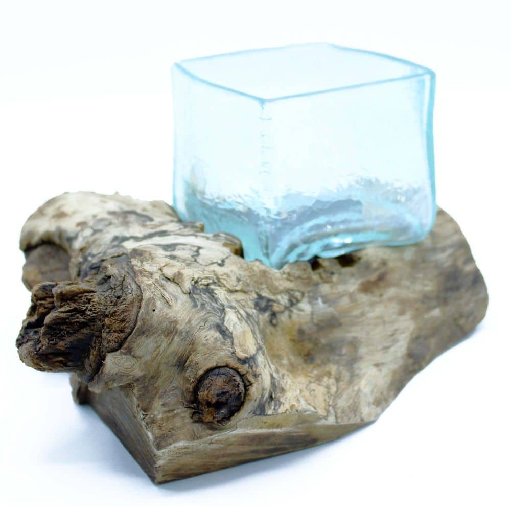 Exklusive Glas-Deko – Crackled Glas-Schale auf Naturholz, Handarbeit von Bali