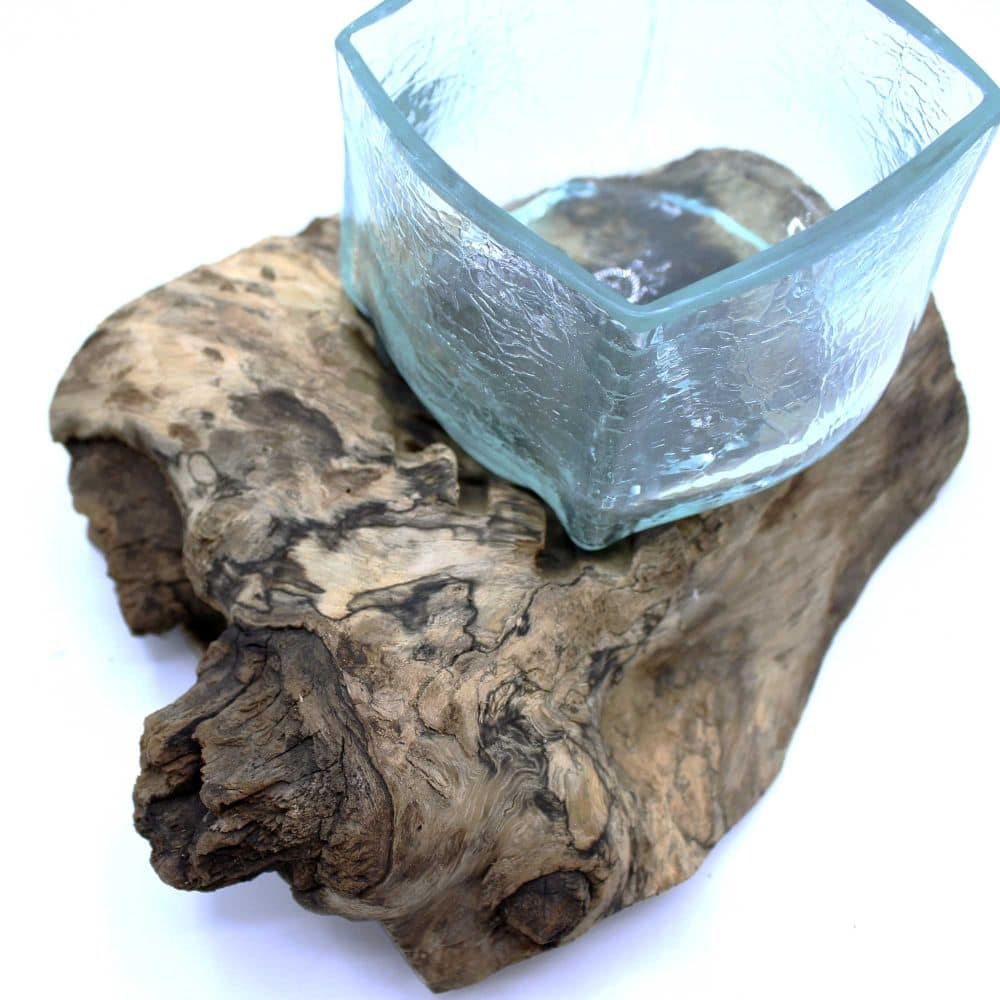 Exklusive Glas-Deko – Crackled Glas-Schale auf Naturholz, Handarbeit von Bali