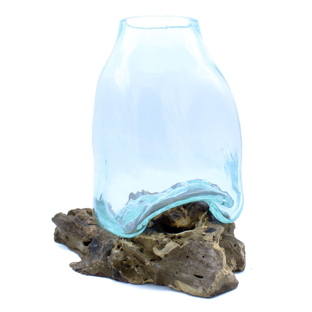 Exklusive Glas-Deko – große Vase auf Holzsockel, handgefertigtes Unikat von Bali