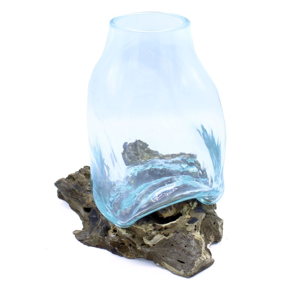 Exklusive Glas-Deko – große Vase auf Holzsockel, handgefertigtes Unikat von Bali
