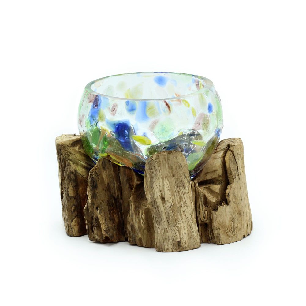 Design Deko Schale – kleine Glas-Holz Kombination mit farbigem Glas - Unikat