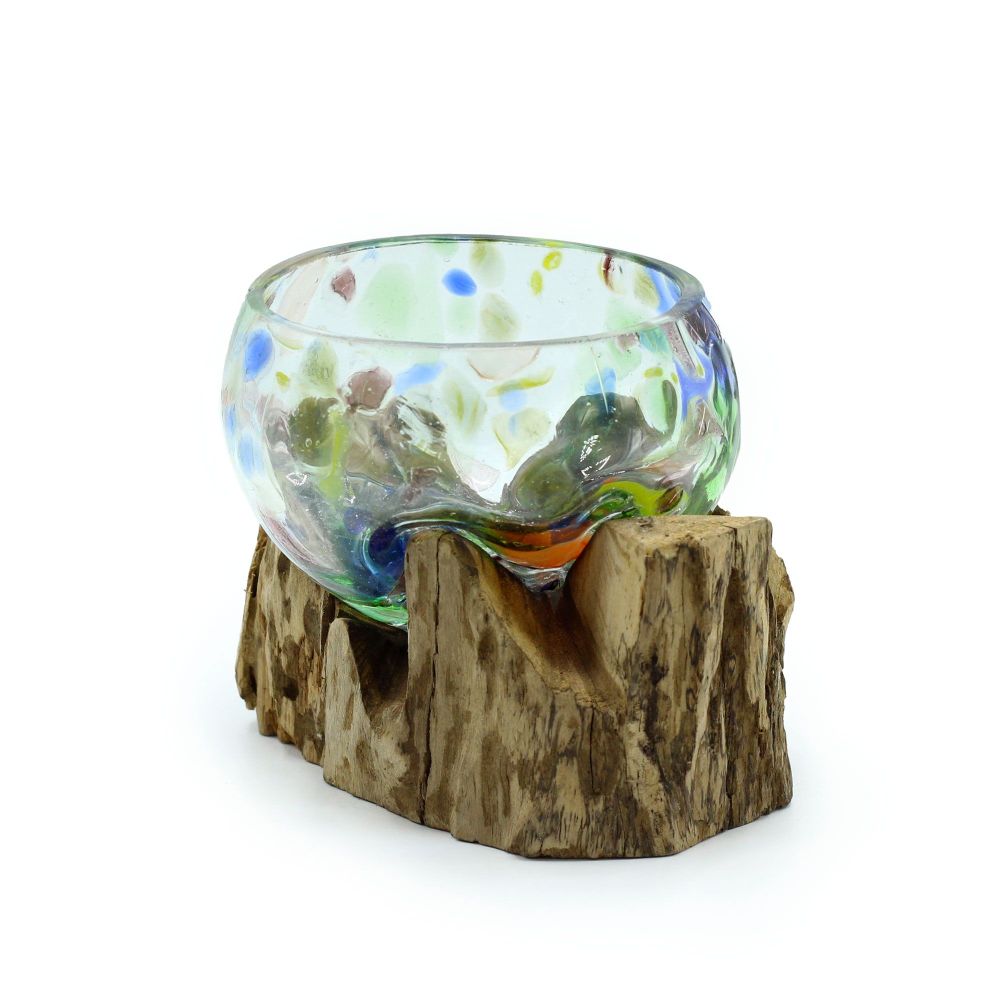 Design Deko Schale – kleine Glas-Holz Kombination mit farbigem Glas - Unikat
