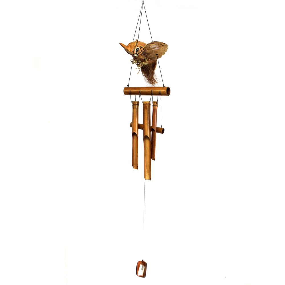 Handgefertigtes Windspiel Eule aus Kokosnuss – Natur Windspiel mit Bambusklang