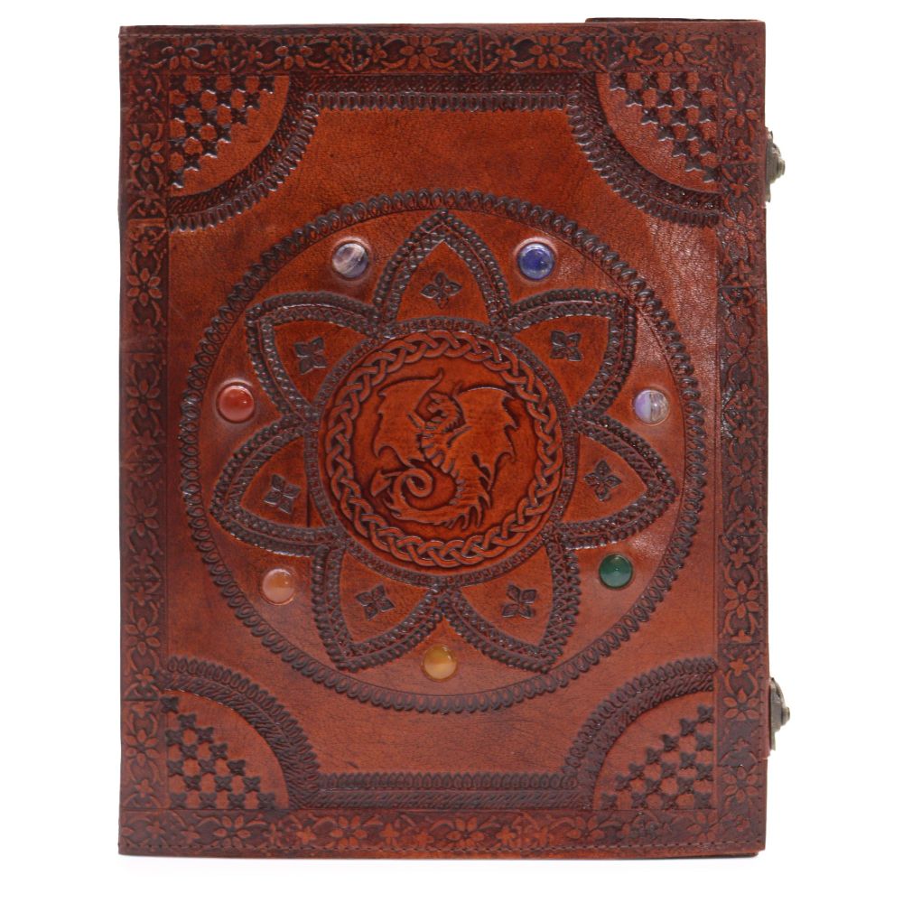Handgefertigtes Leder-Tagebuch - Dragon Mandala Design & Chakra-Steine, Unikat