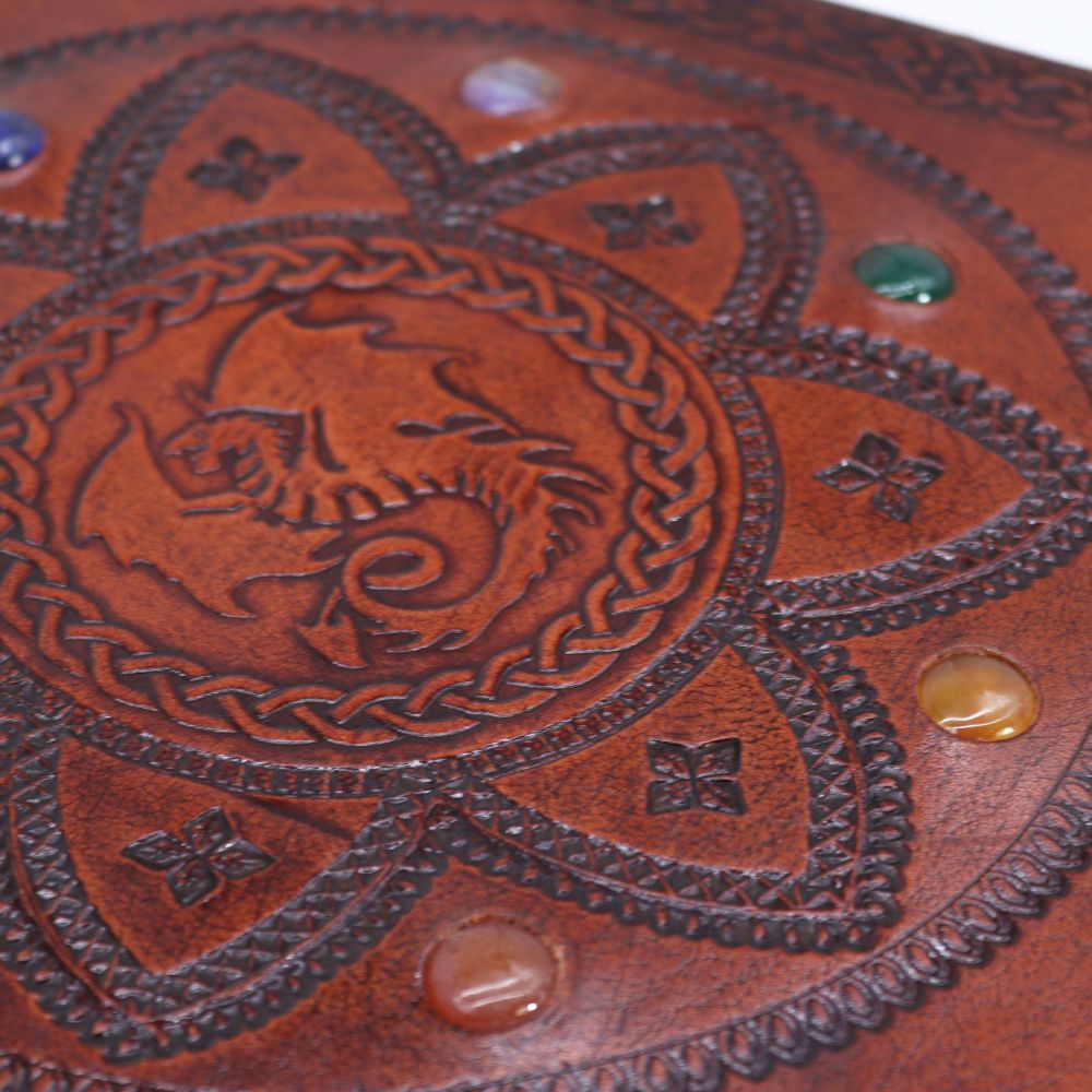 Handgefertigtes Leder-Tagebuch - Dragon Mandala Design & Chakra-Steine, Unikat
