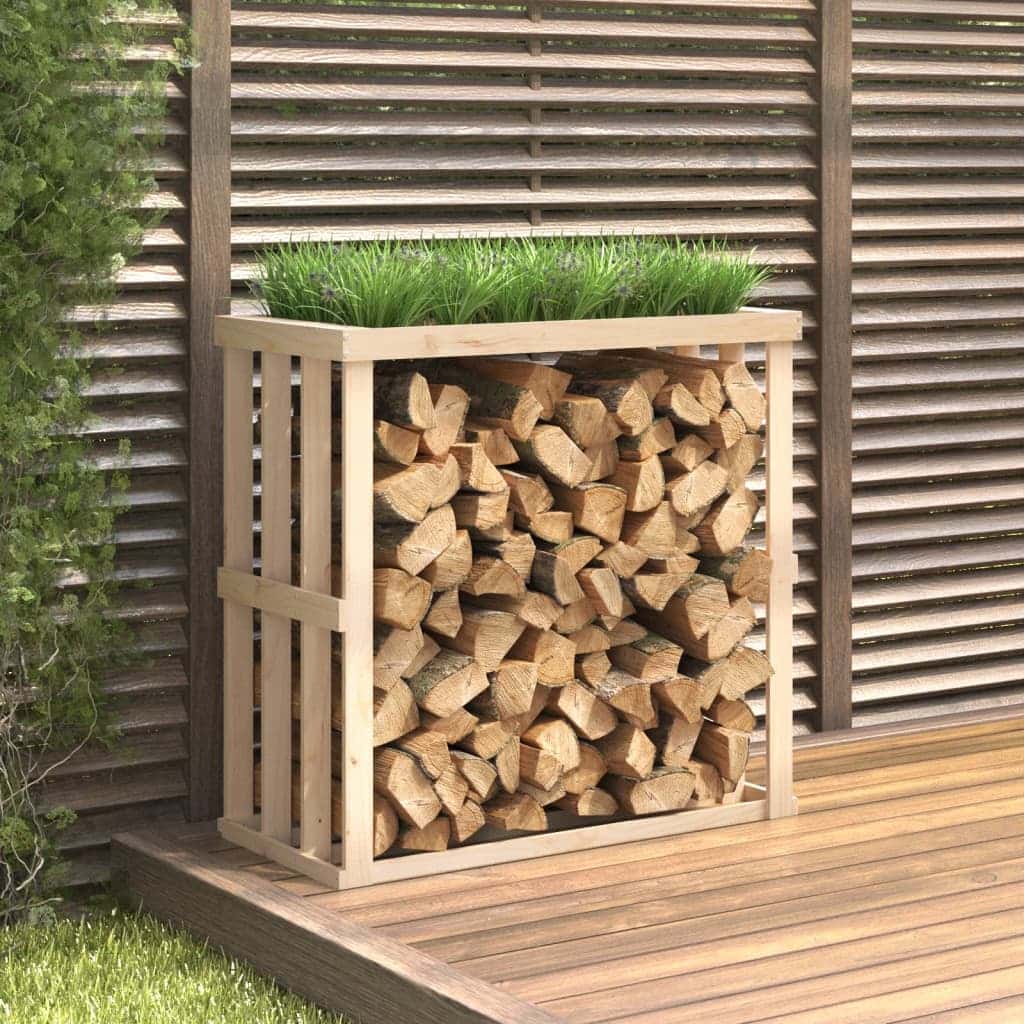 Outdoor Holzregal Kiefer – Kaminholzunterstand mit integriertem Pflanzgefäß