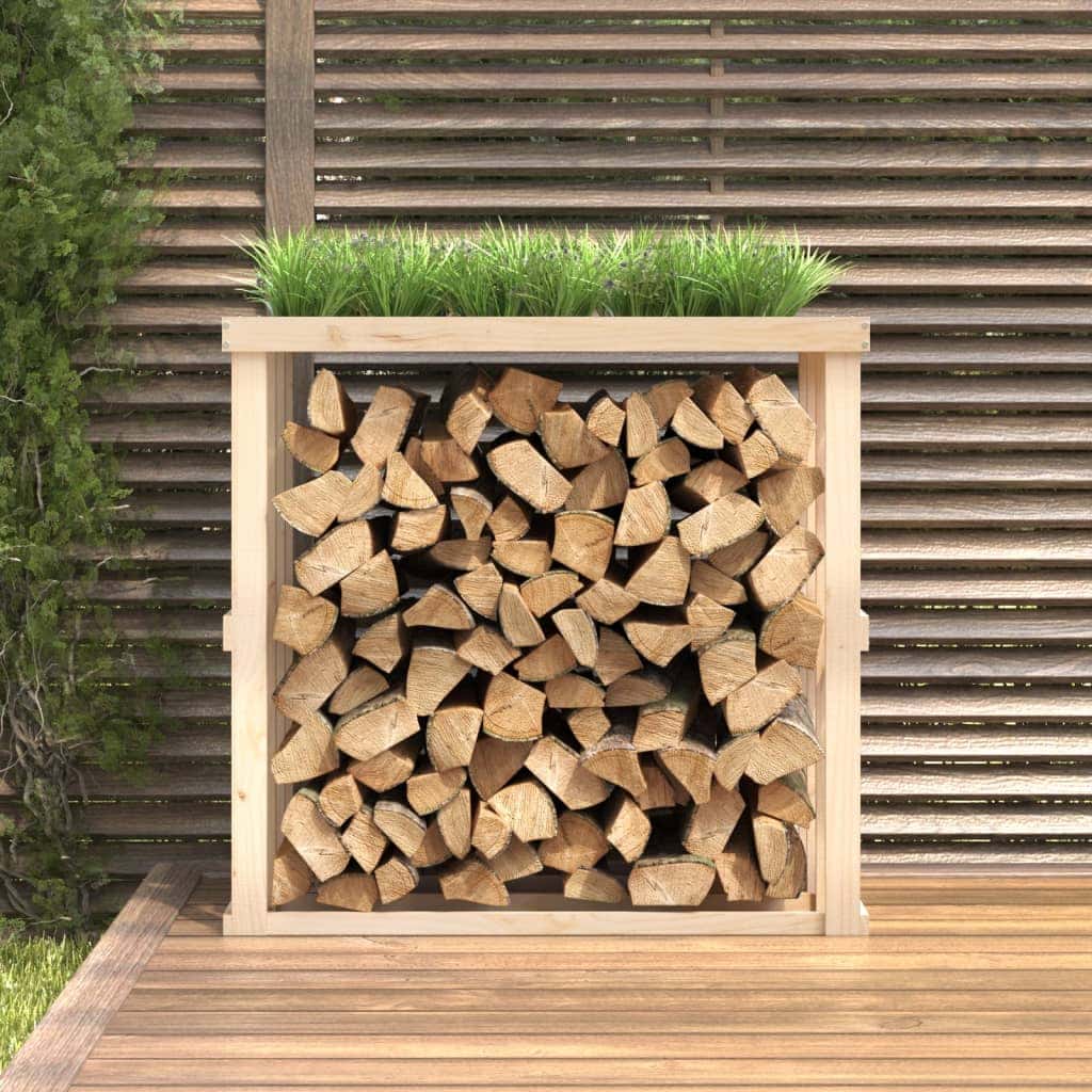 Outdoor Holzregal Kiefer – Kaminholzunterstand mit integriertem Pflanzgefäß