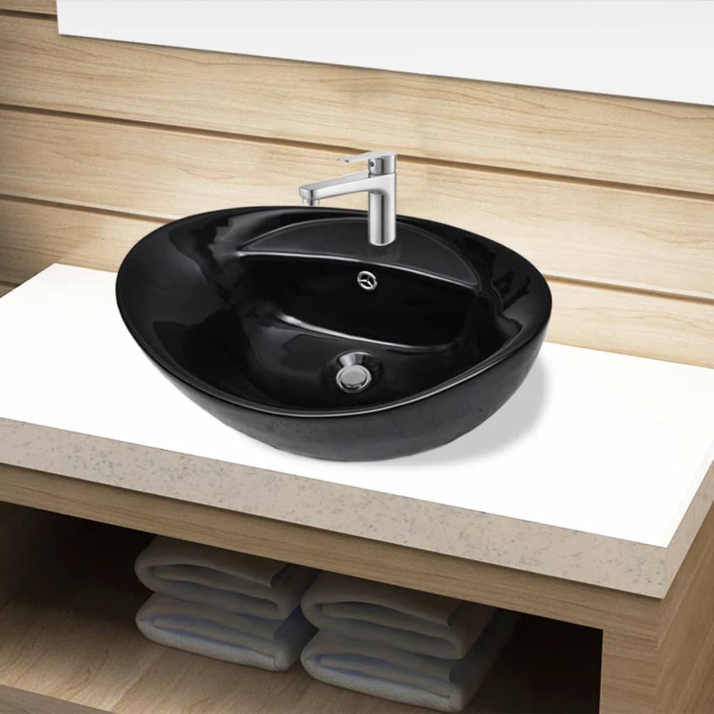 Keramik Waschbecken Hahnloch/Überlaufloch - oval - Handwaschbecken - Aufsatz