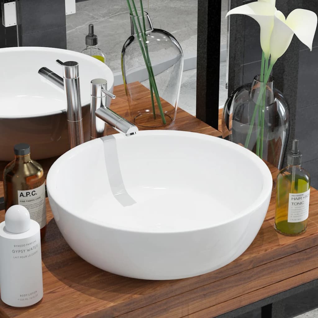 Waschbecken - Rund - Keramik - Weiß - Aufbaubecken - Handwaschbecken - modern