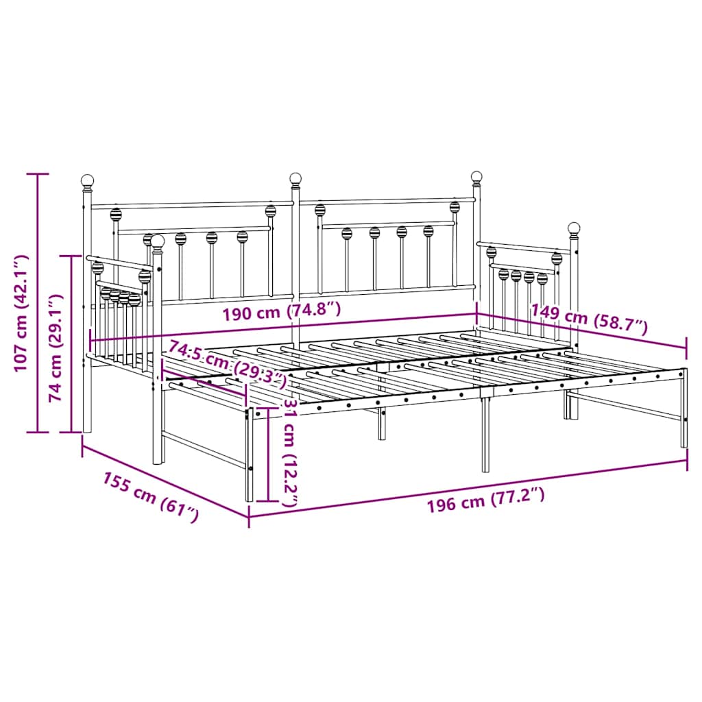 Ausziehbares Gästebett - Bettgestell - Tagesbett - Metallbett - 75 x 190 cm