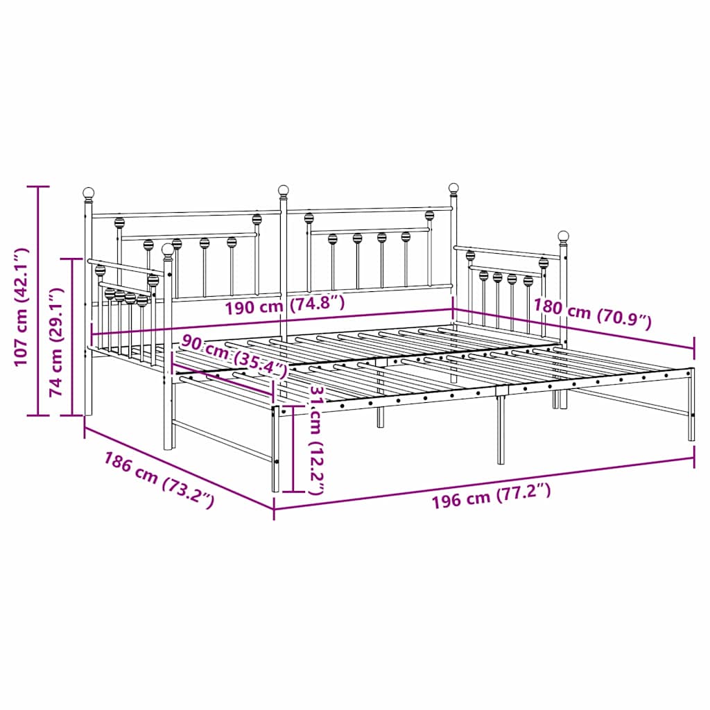 Tagesbett - Gästebett - Jugendbett - Metallbett - Bettrahmen - 90 x 190 cm
