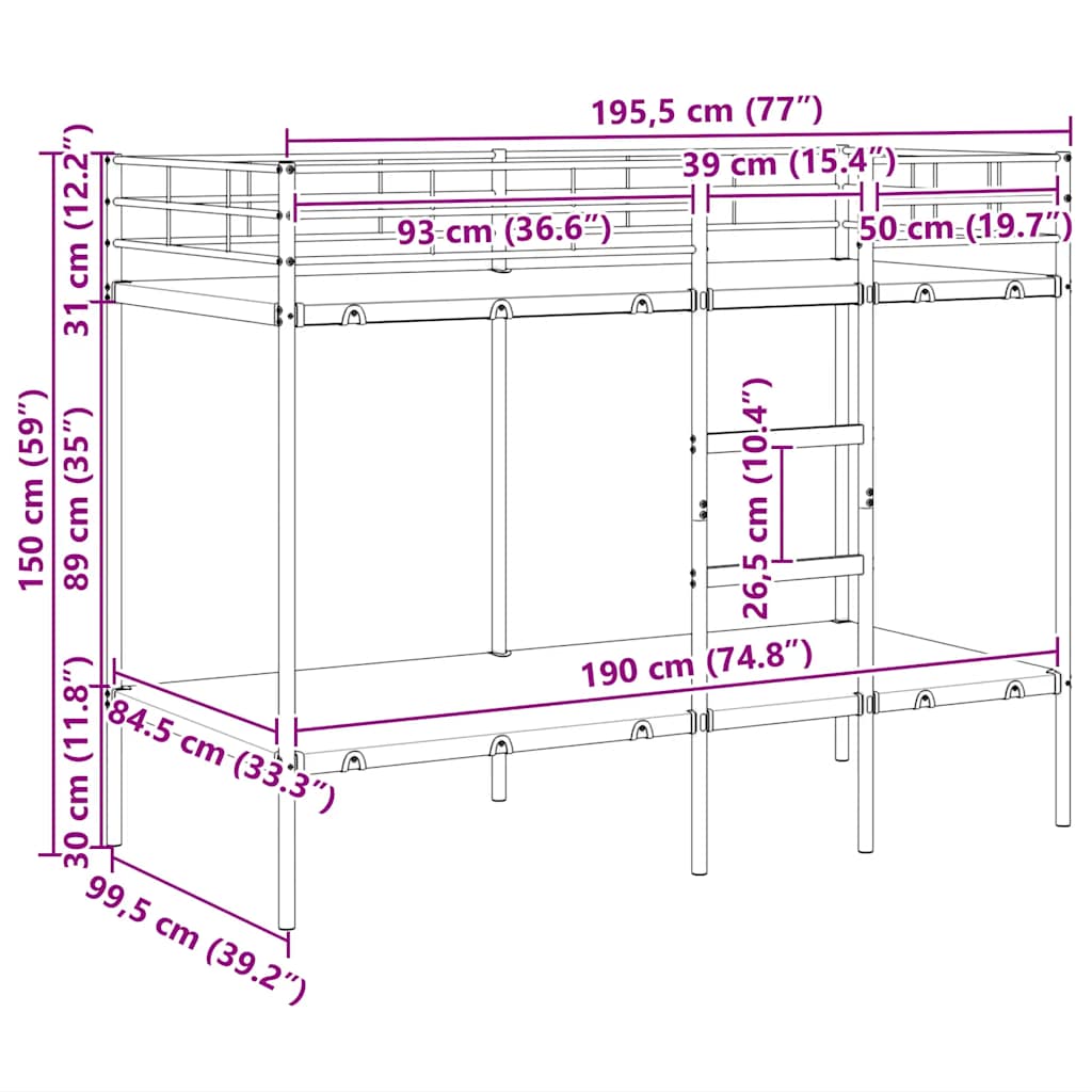Etagenbett ohne Matratze - Metallbett - KInderbett - Bettrahmen - 100x190 cm
