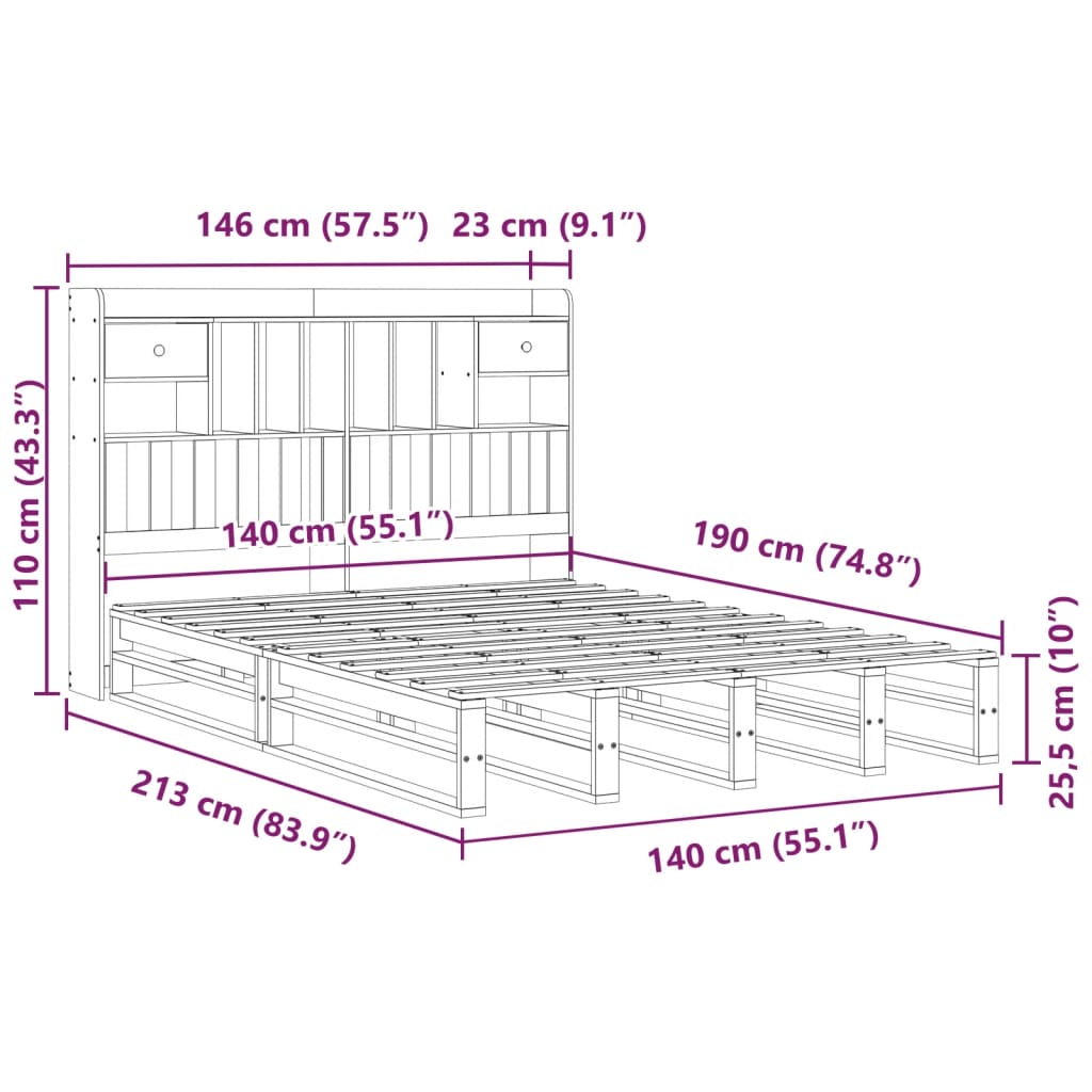 Massivholzbett mit Regal - Bettrahmen - Jugendbett - Doppelbett - 140x190 cm