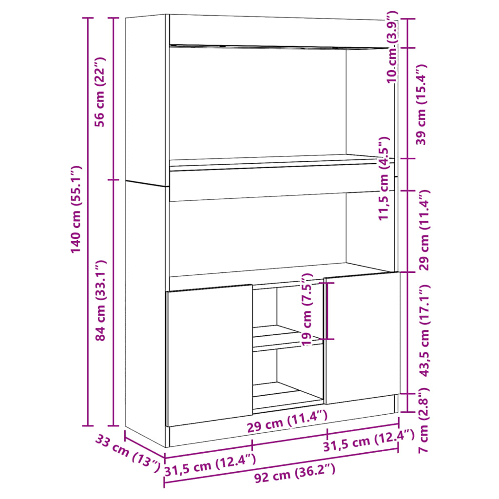 Highboard - Bücherschrank - Bücherregal - Mehrzweckschrank - Regal - 92x33x140