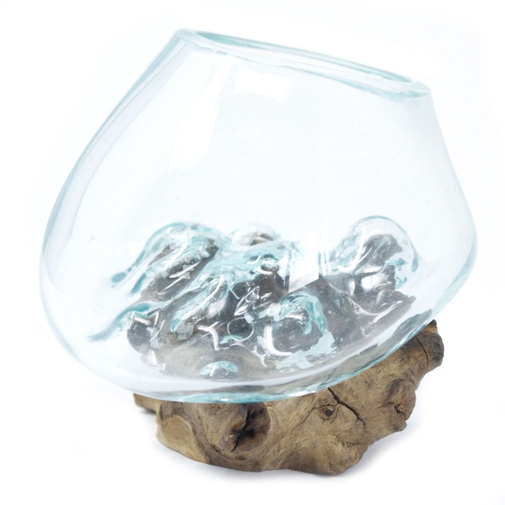 Geschenkidee - handgefertigte Glasschale auf Holz als Deko-Unikat von Bali