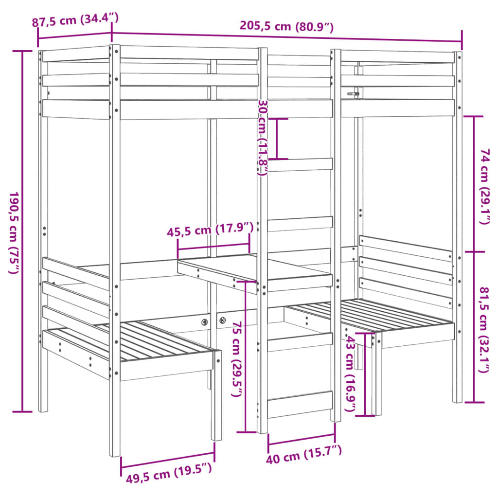 Hochbett m. Schreibtisch & Bänken - Kinderbett - Etagenbett - Stockbett - 80x200