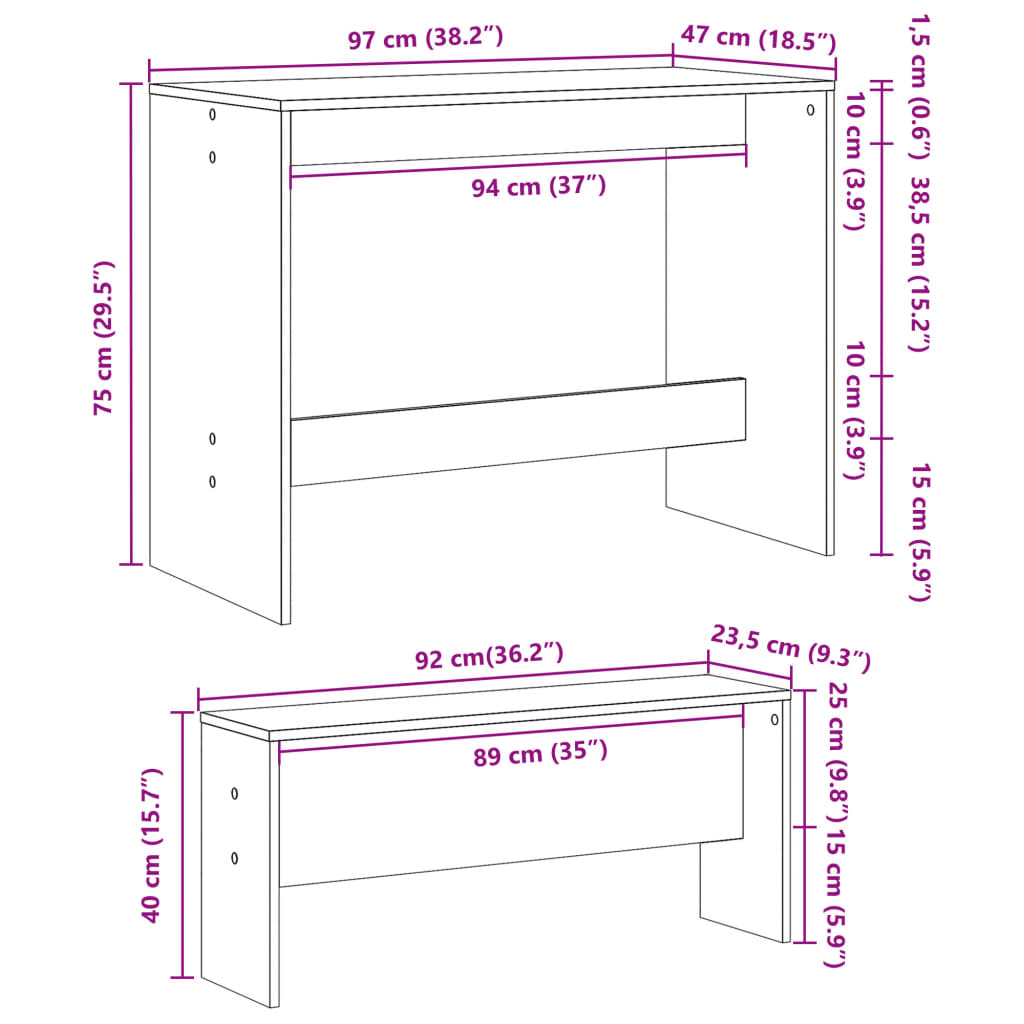 Esszimmergruppe - Tischgruppe mit Bank - Essgruppe mit Bank - 97 x 47 x 75 cm