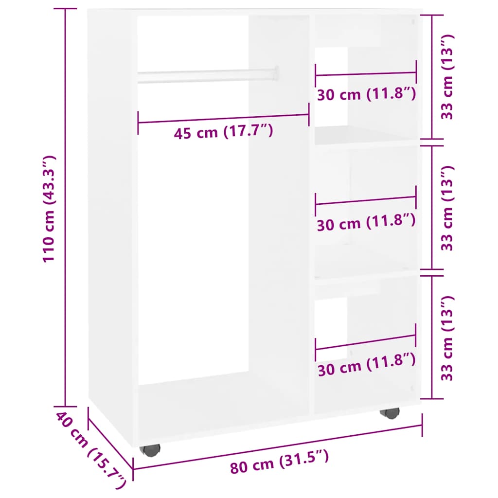 TOP Kleiderschrank - offen - mit Ablagen - mobil auf Rollen - 80 x 40 x 110 cm