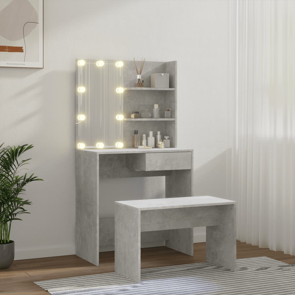 Zeitloses Schminktisch Set mit LED-Spiegel - Sitzbank - Frisiertisch - 74x141 cm
