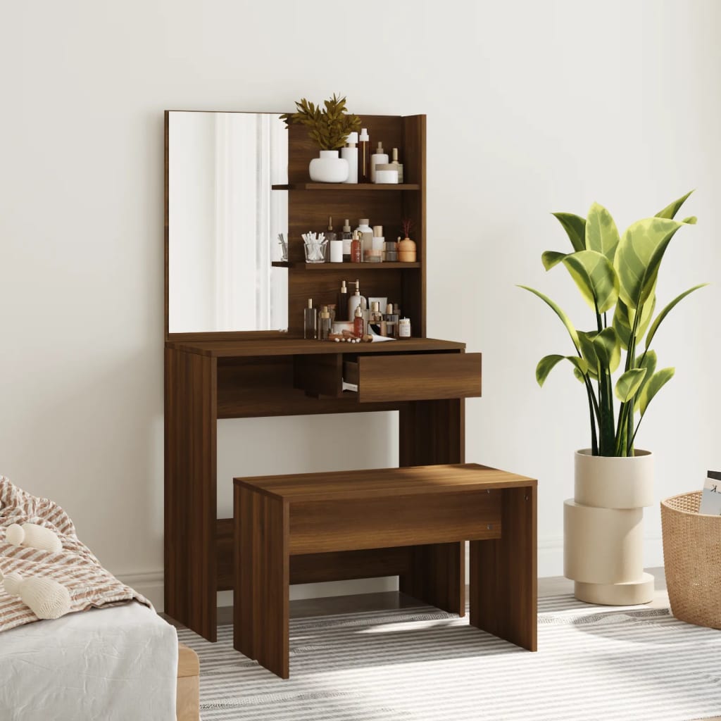 Zeitloses Schminktisch Set mit Spiegel - Sitzbank - Frisiertisch - 74,5x40x141