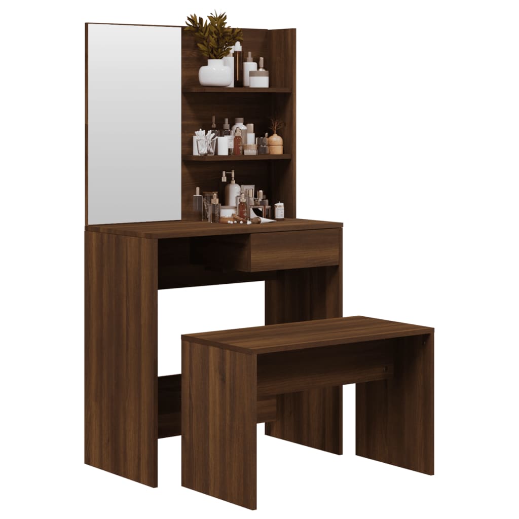 Zeitloses Schminktisch Set mit Spiegel - Sitzbank - Frisiertisch - 74,5x40x141