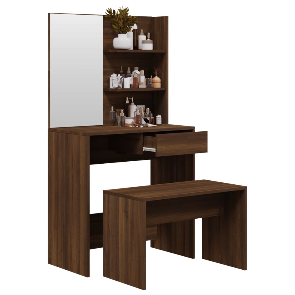 Zeitloses Schminktisch Set mit Spiegel - Sitzbank - Frisiertisch - 74,5x40x141