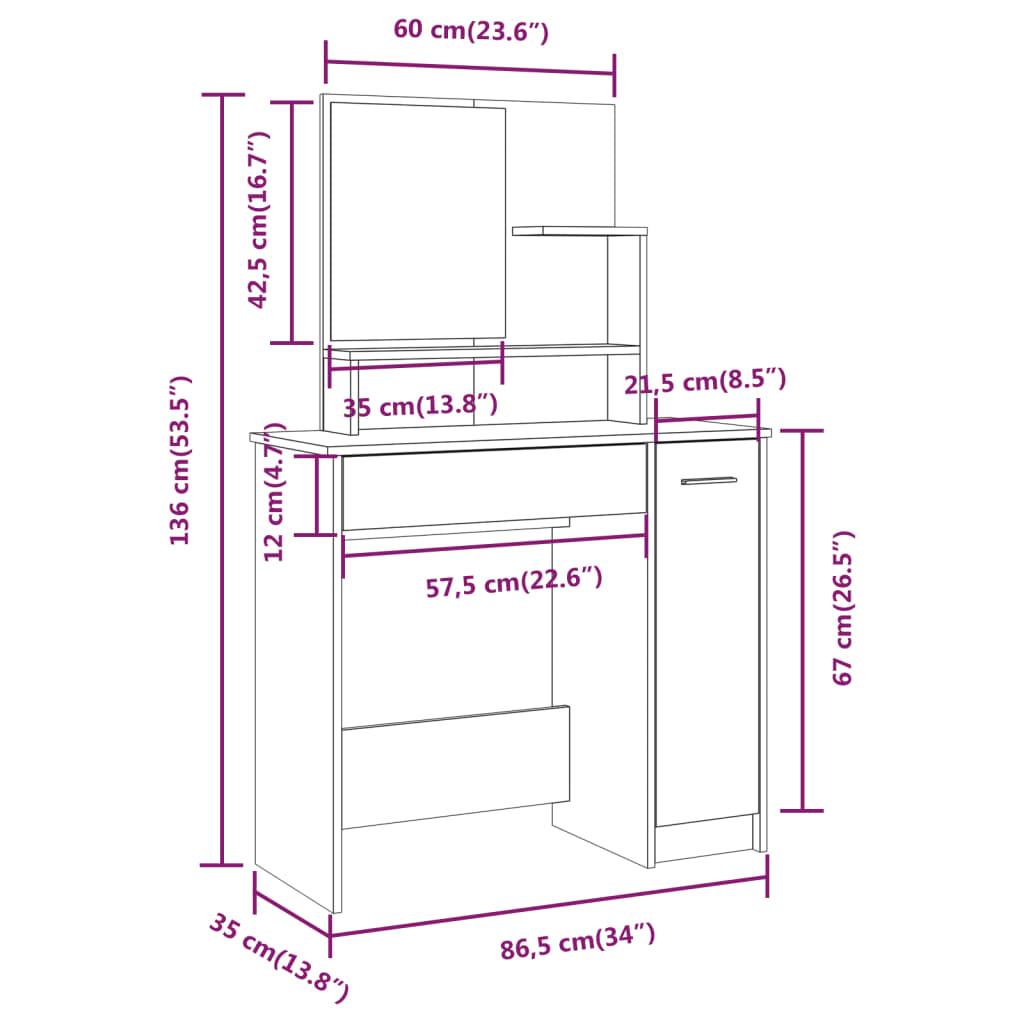 Zeitloser Schminktisch mit Spiegel - Frisiertisch - Kosmetiktisch - 86,5x35x136