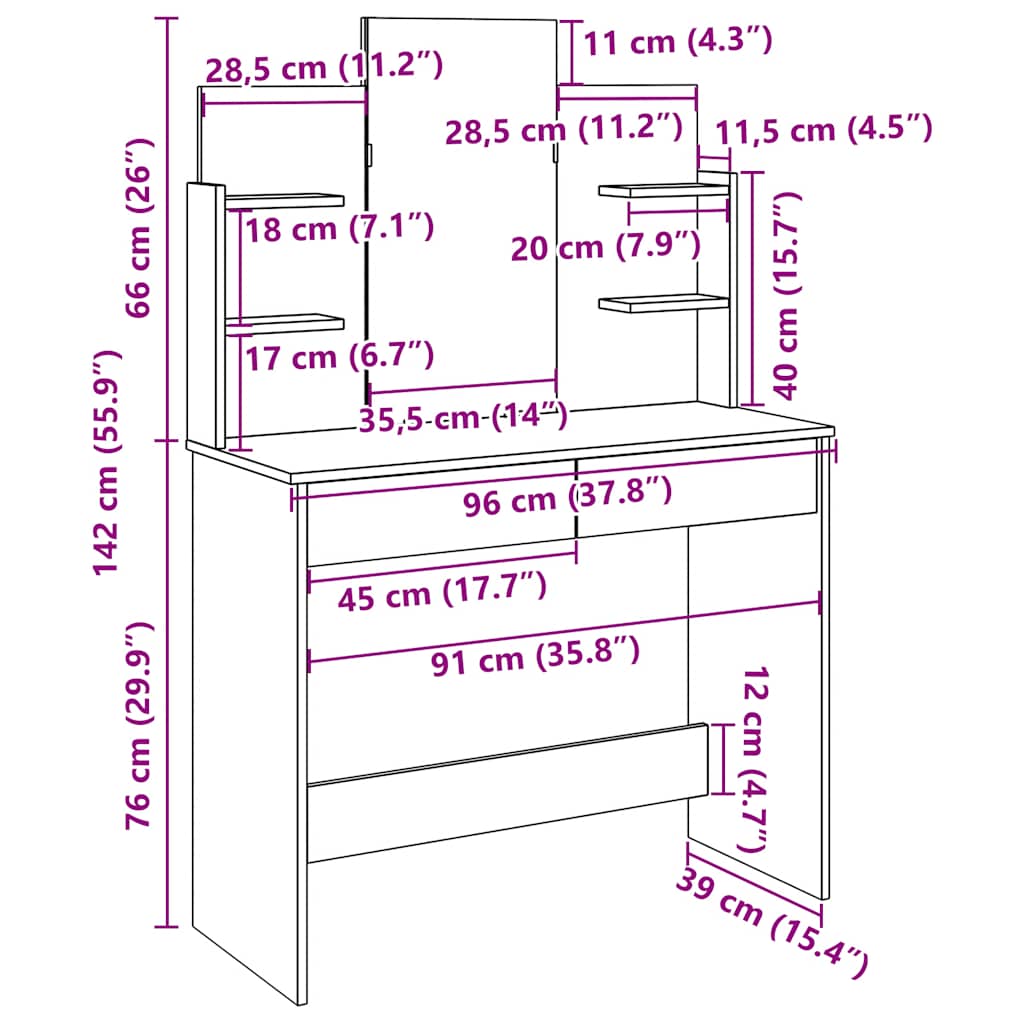 Zeitloser Frisiertisch mit Spiegel & Schubladen - Schminktisch - 96 x 39 x 142cm