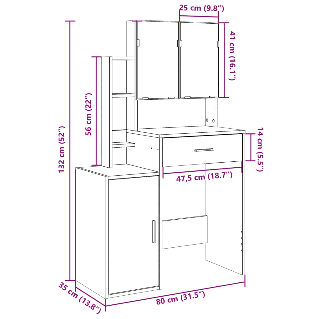 Kompakter Schminktisch mit Spiegel & viel Stauraum - Frisiertisch - 80x35x132 cm