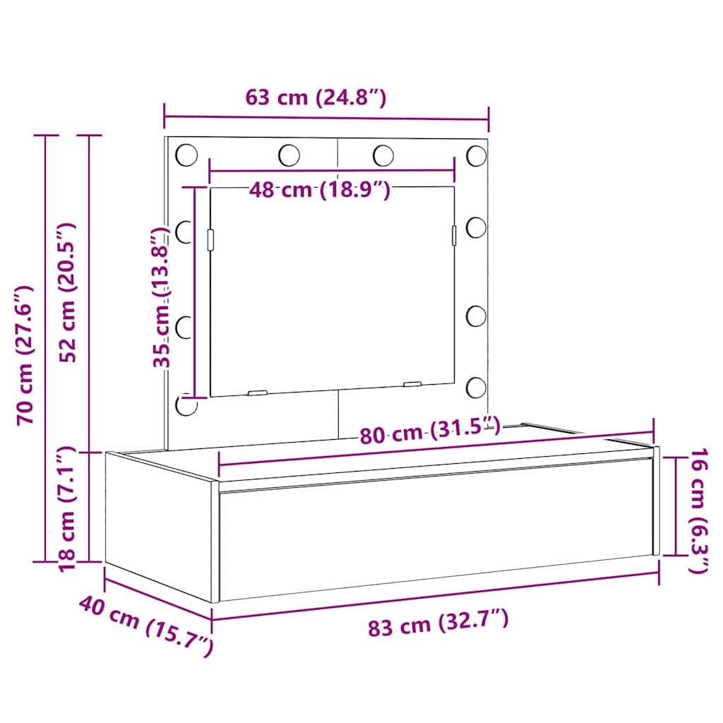 Zeitgemäßer Schminktisch - Wandbefestigung - Spiegelkommode - 83 x 40 x 70 cm