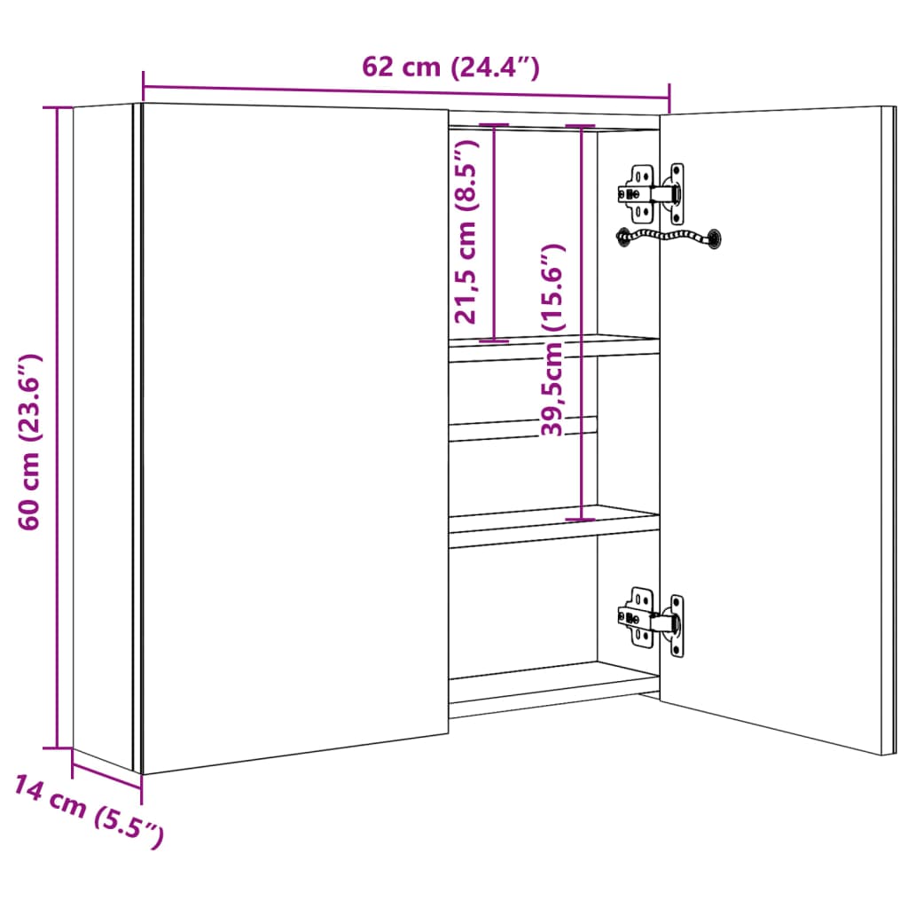 LED-Bad-Spiegelschrank - Badezimmerschrank - Spiegel - Wandschrank - 62x14x60cm
