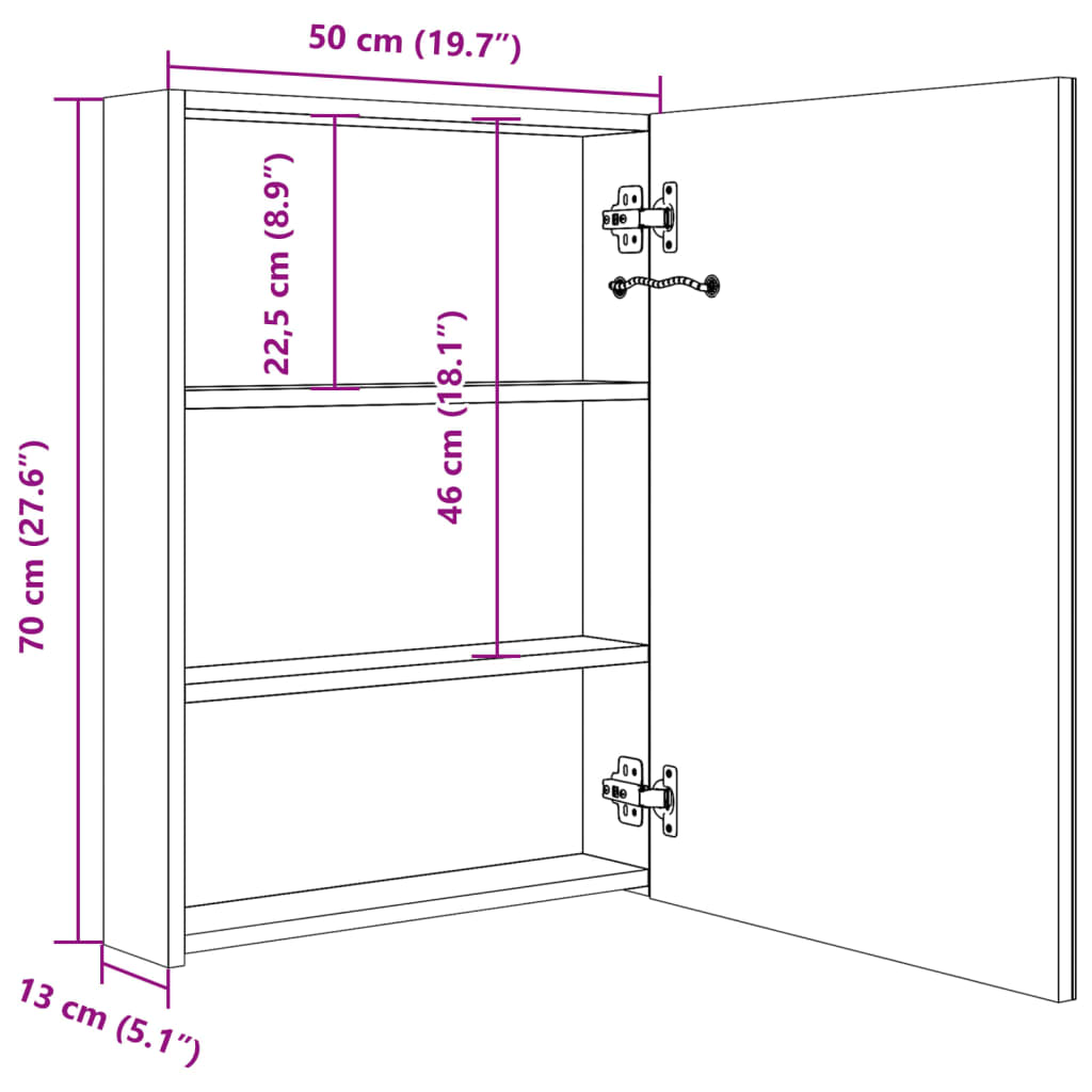 LED-Bad-Spiegelschrank - Wandschrank - Schminkspiegel - Gästebad - 50x14x70cm