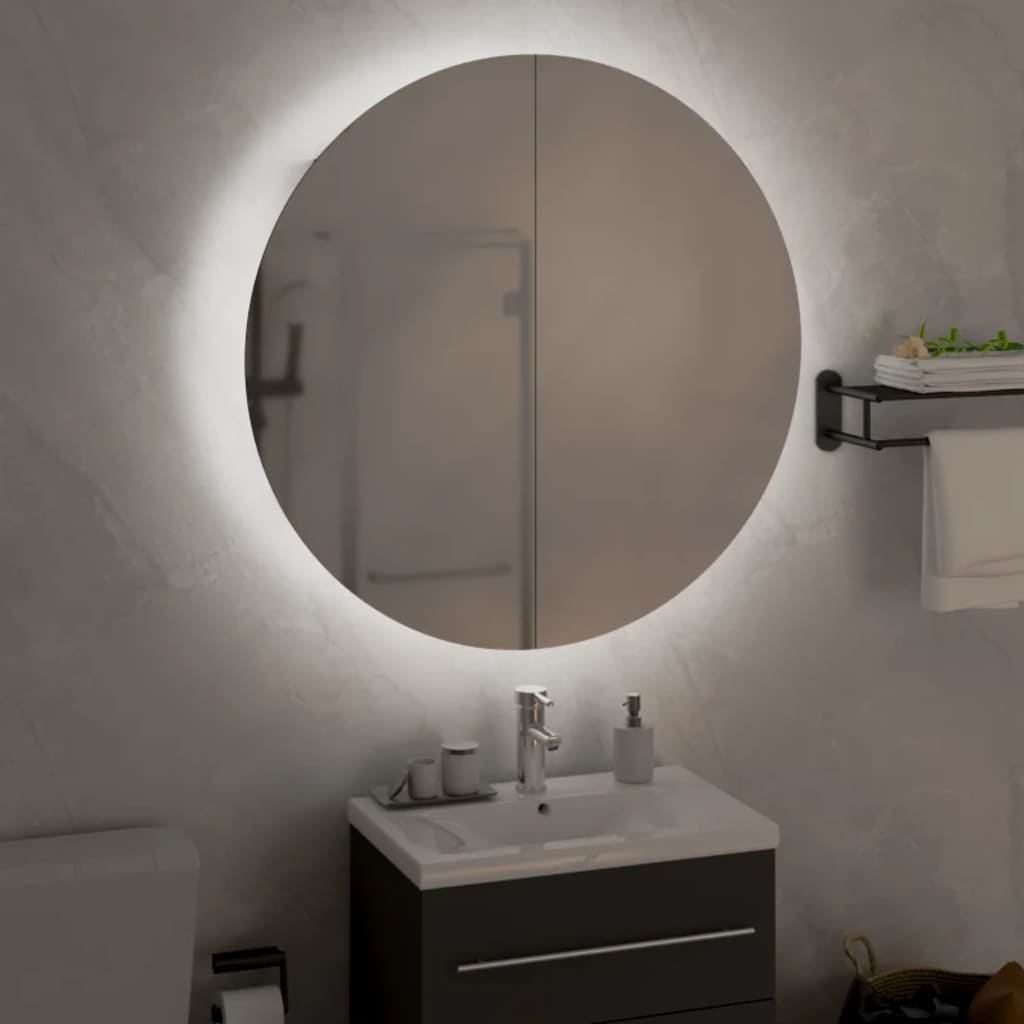Badezimmerschrank mit rundem Spiegel & LED - Schminkspiegel - Beleuchtet - 54 cm