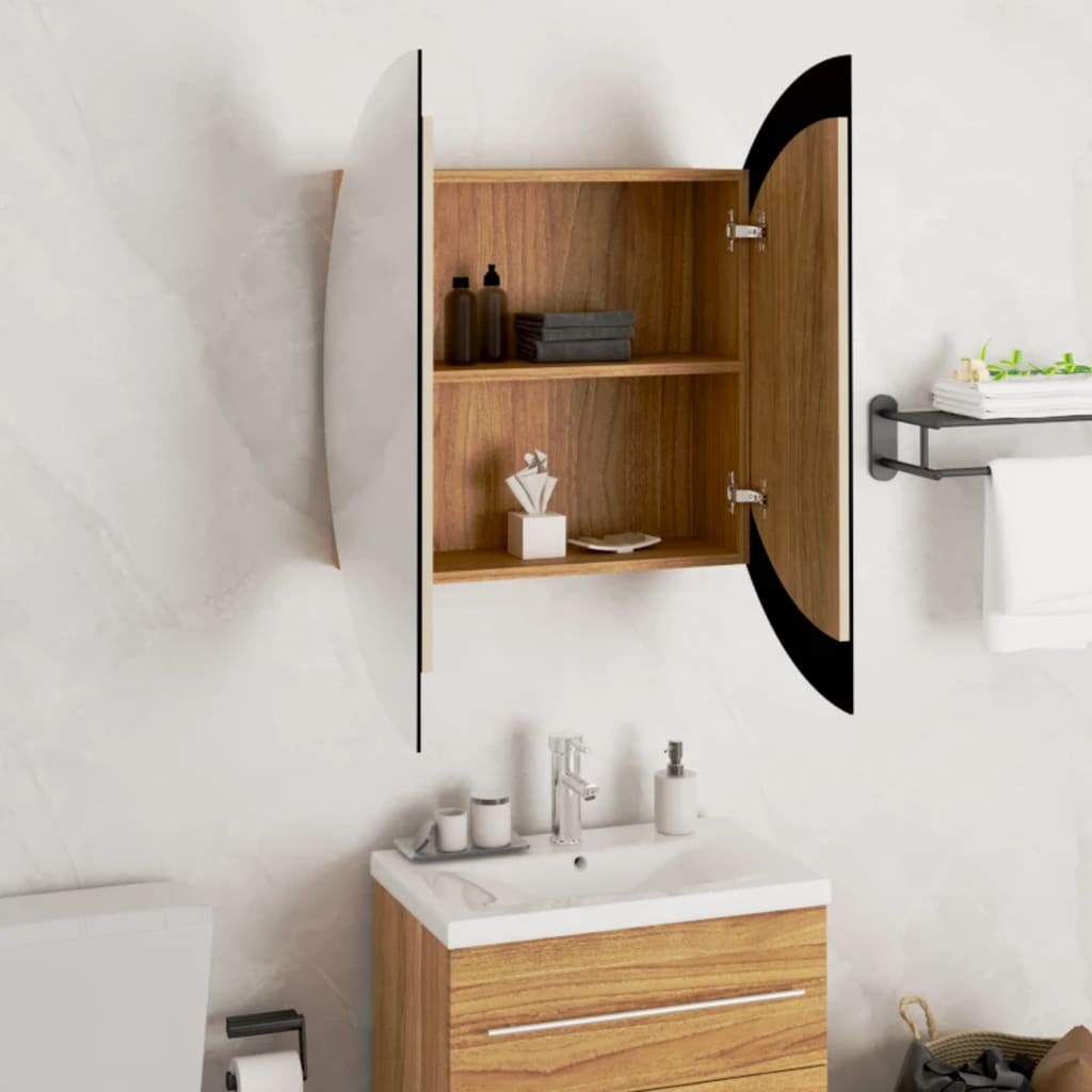 Badezimmerschrank mit rundem Spiegel & LED - Schminkspiegel - Beleuchtet - 54 cm