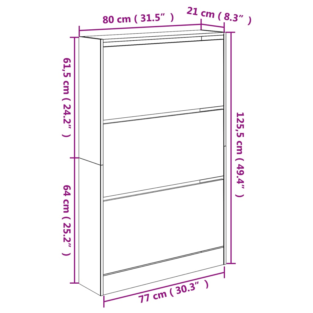 Platzsparender Schuhschrank mit 3 Fächern - Schuhkipper - 80 x 21 x 125,5 cm