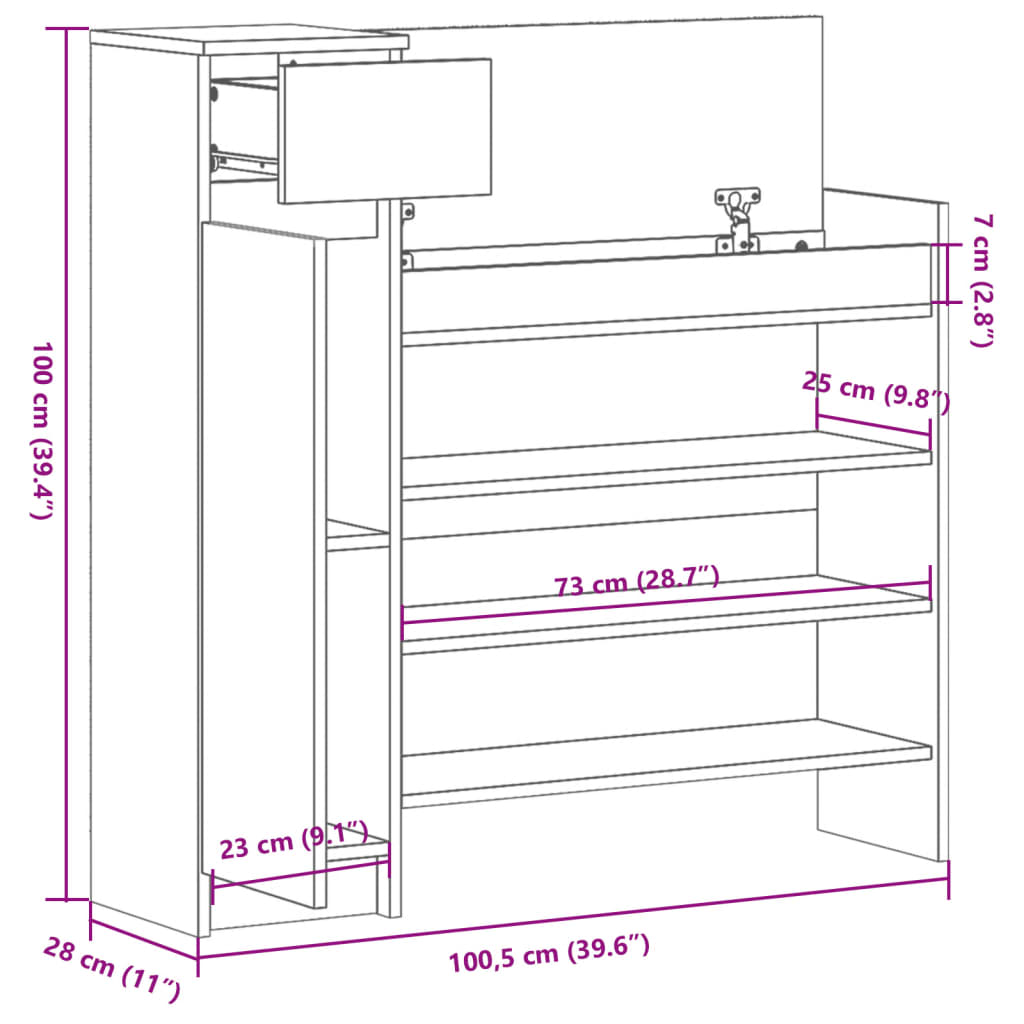 Geräumiger Schuhschrank mit Schublade, Türen und Ablagen - 100,5 x 28 x 100 cm