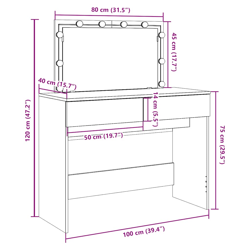 Schminktisch mit LED-Spiegel - Kosmetiktisch - Makeuptisch - 100 x 40 x 120 cm